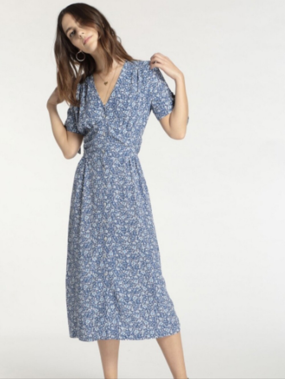 Rouje DressBlueFloral PrintShort Sleeve with V-NeckButton Closure at Front Sz 38